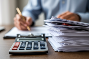 calculatrice-papiers-organises-bureau-bois