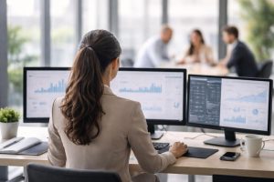 femme-bureau-ecrans-ordinateurs-graphismes