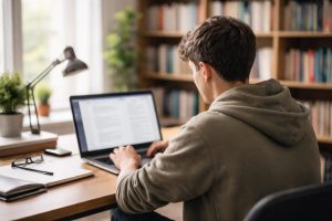 etudiant-bureau-ordinateur-bibliotheque-livres